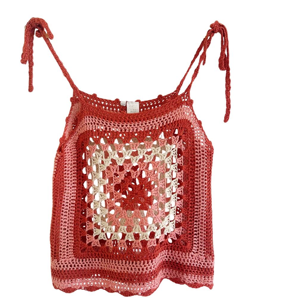 Stolen Hearts Y2K Crochet Knit‎ Tank Top Tie Straps Geometric Boho Size M/L